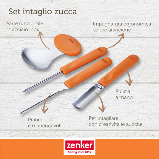 Set 4 Strumenti Professionali per Intagliare Zucca Halloween, Coltello Seghettato, Punteruolo, Sgorbia e Cucchiaio Scavino, Zenker