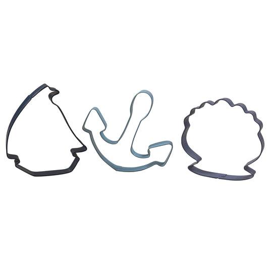 Set da 3 formine tagliabiscotti a tema marino: ancora, conchiglia e barca