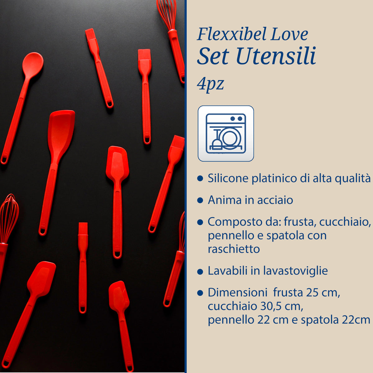 Set 4 Utensili da Cucina in Silicone Platinico – Cucchiaio, Spatola, Frusta e Pennello
