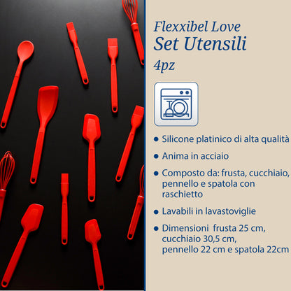 Set 4 Utensili da Cucina in Silicone Platinico – Cucchiaio, Spatola, Frusta e Pennello