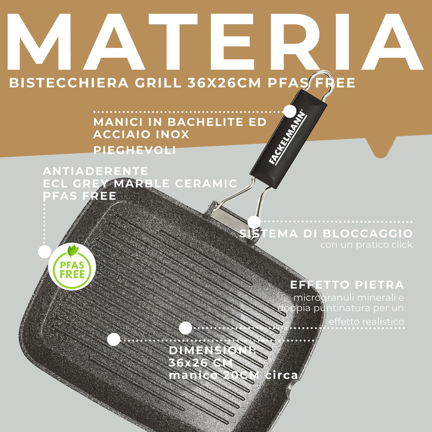 Bistecchiera grill effetto pietra, 36 × 26 cm, Linea Materia