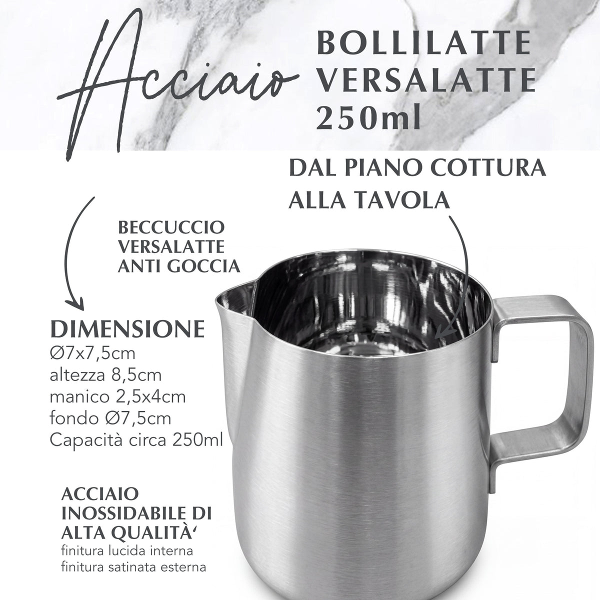 Bollilatte versa latte, in acciaio inox, 250 ml
