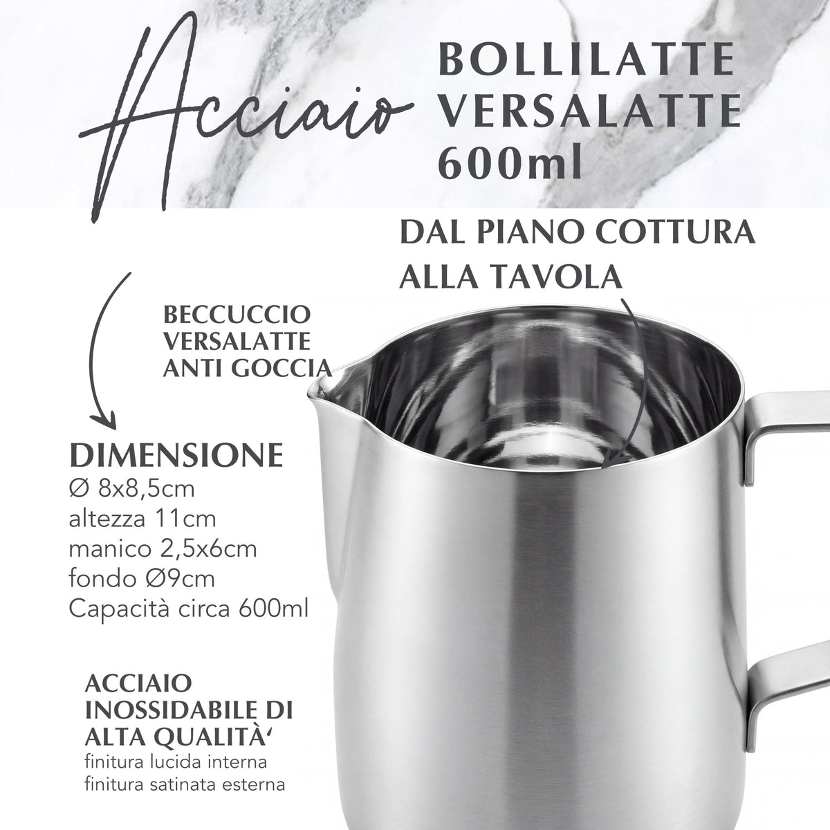 Bollilatte versa latte, in acciaio inox, 600 ml