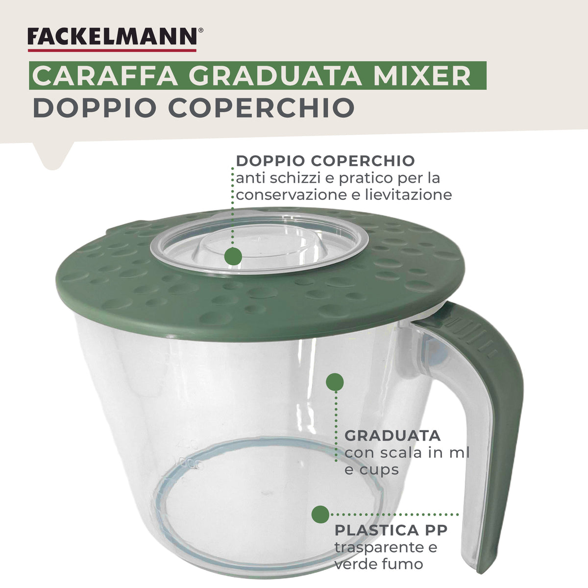 Caraffa Graduata per Mixer Ø18 cm – Contenitore con Doppio Coperchio e Scala ml/Cup