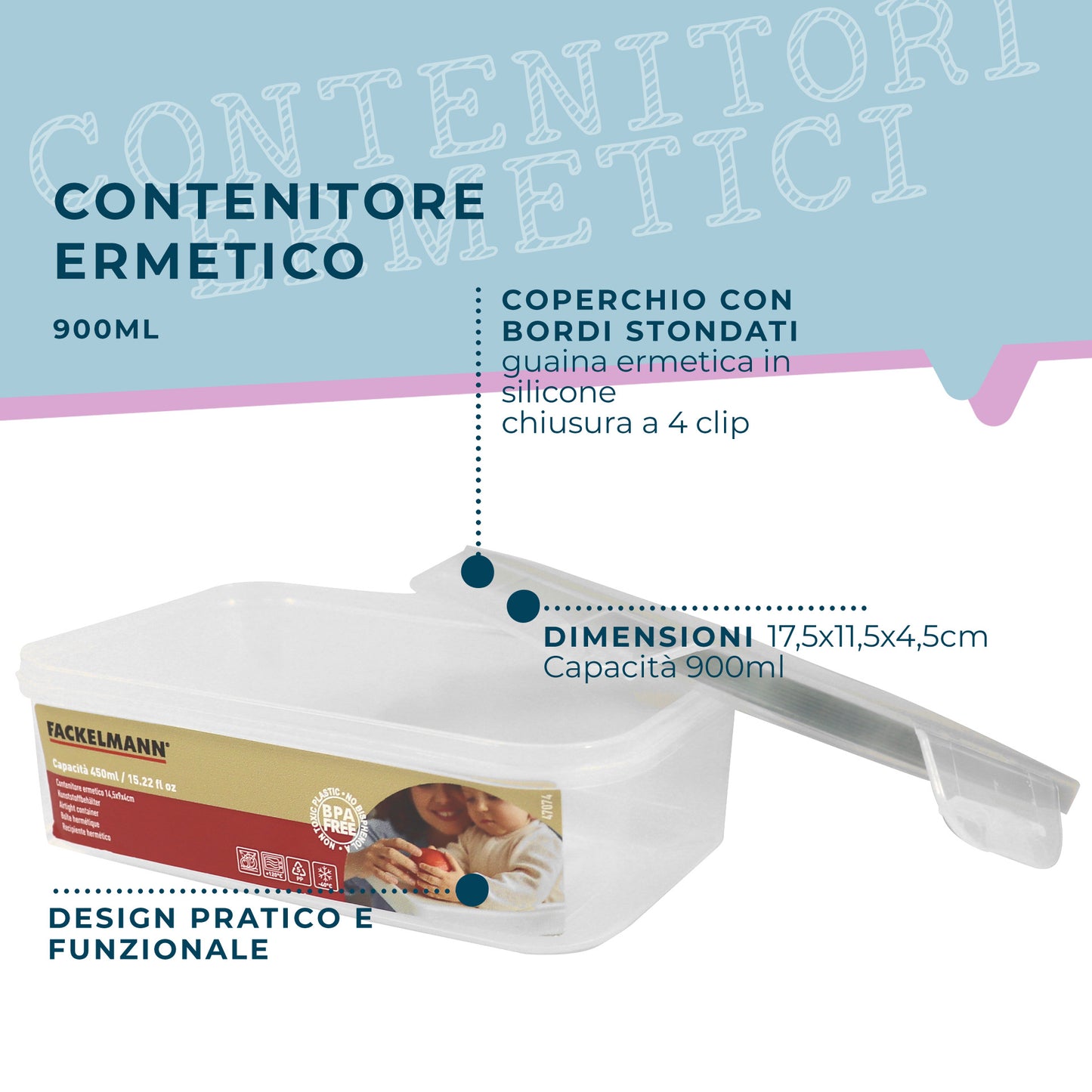 Contenitore ermetico, rettangolare, 900 ml, 17,5x11,5x4,5 cm