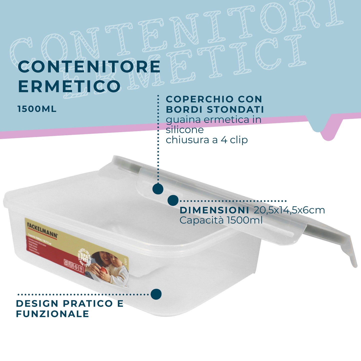 Contenitore ermetico, rettangolare, 1500 ml, 20,5x14,5x6 cm