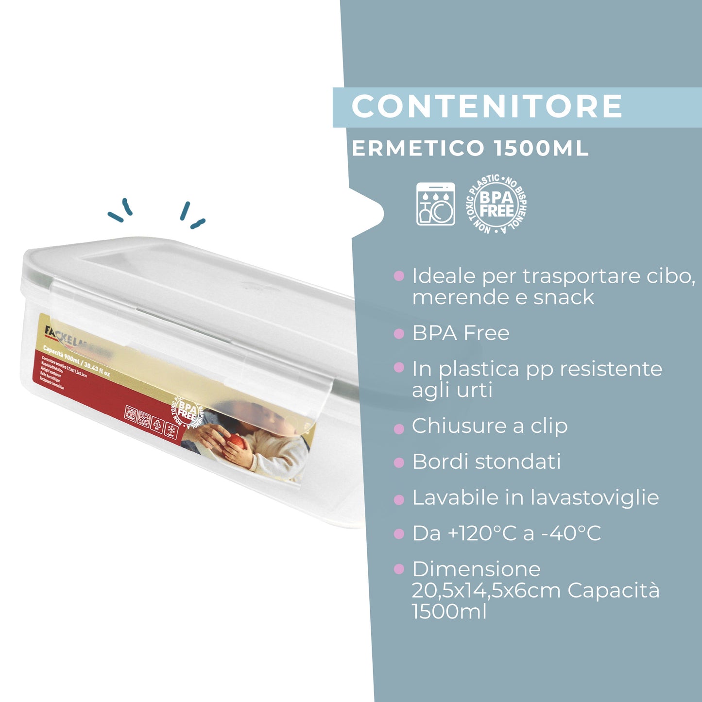 Contenitore ermetico, rettangolare, 1500 ml, 20,5x14,5x6 cm
