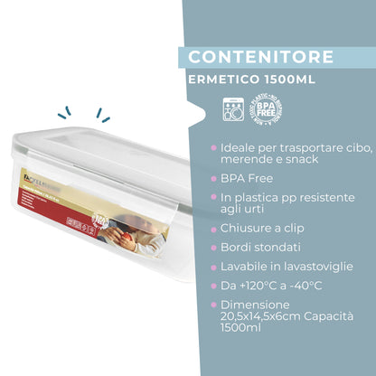 Contenitore ermetico, rettangolare, 1500 ml, 20,5x14,5x6 cm