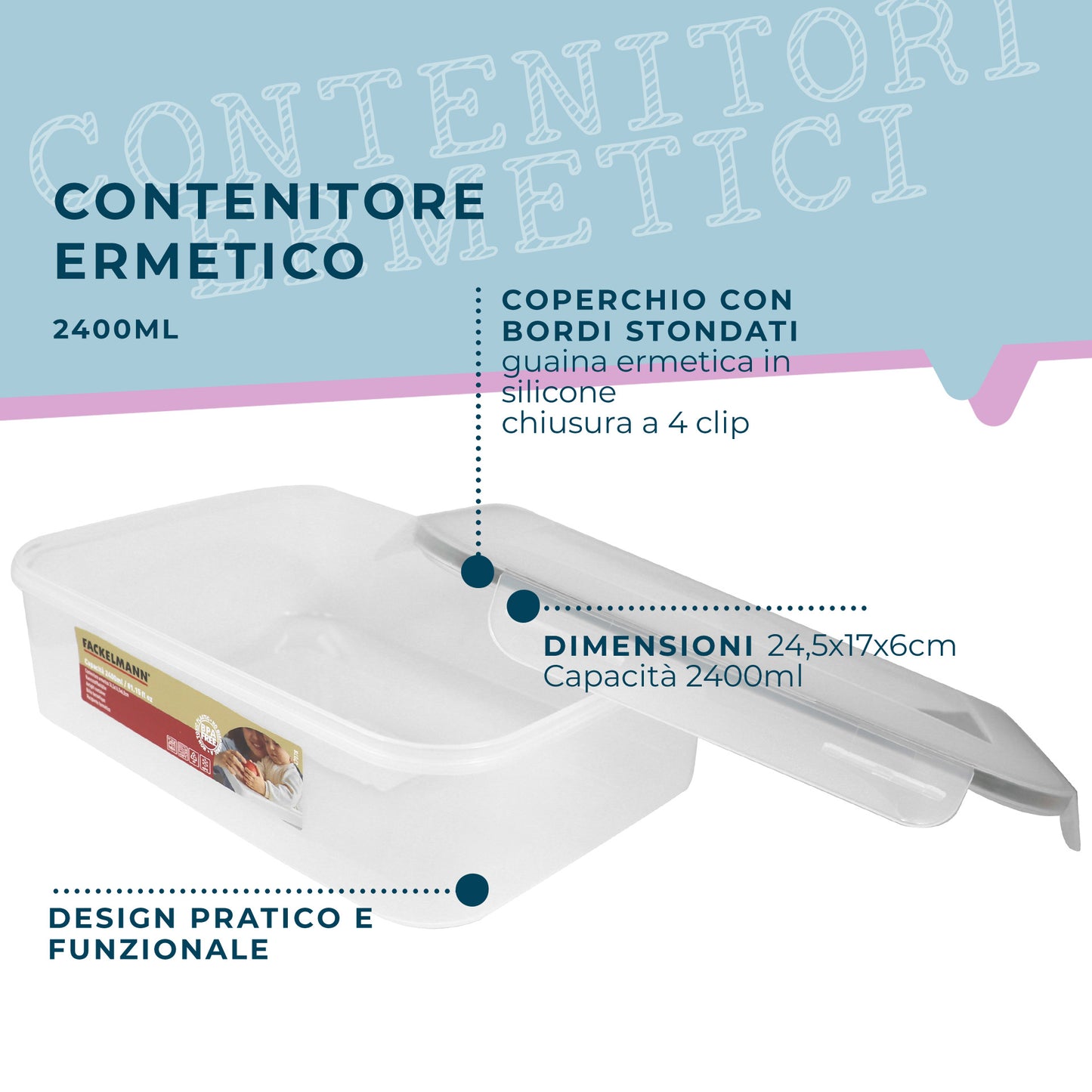 Contenitore ermetico, rettangolare, 2400 ml, 24,5x17x6 cm