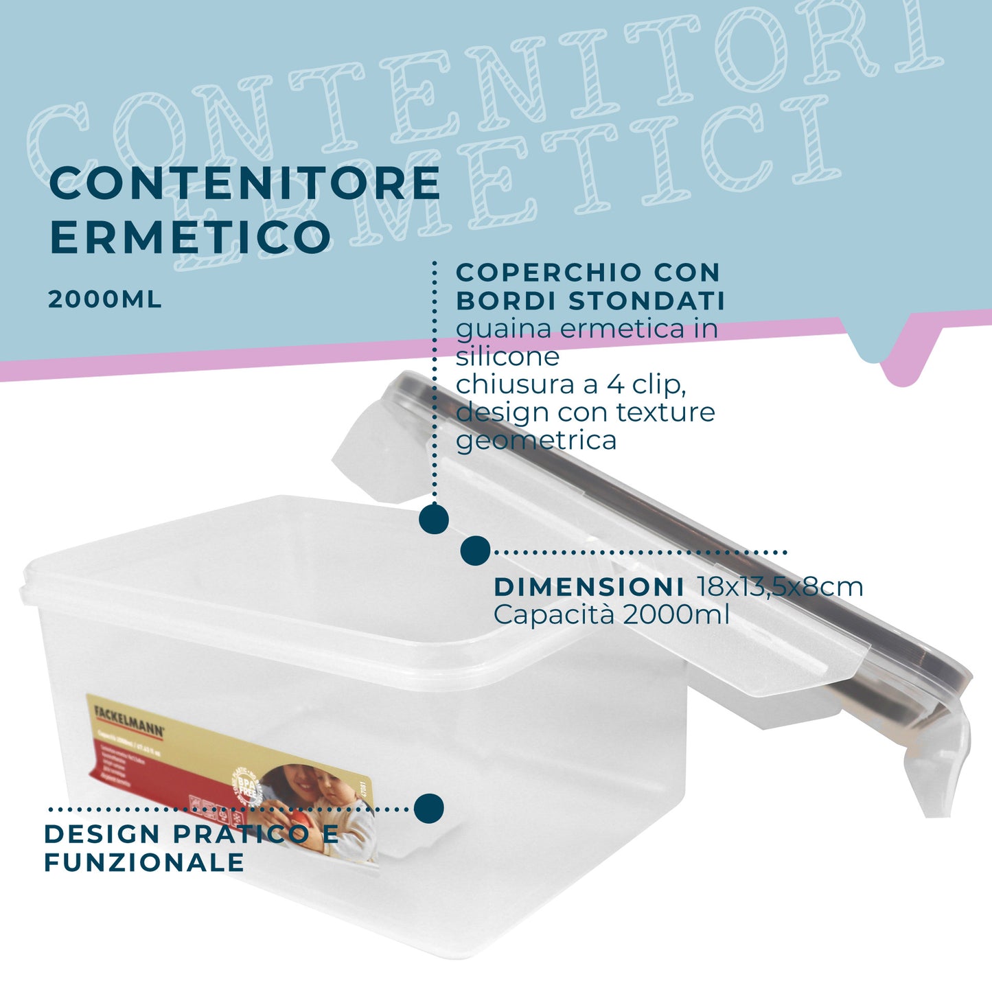 Contenitore ermetico, rettangolare, 2000 ml, 18x13,5x8 cm