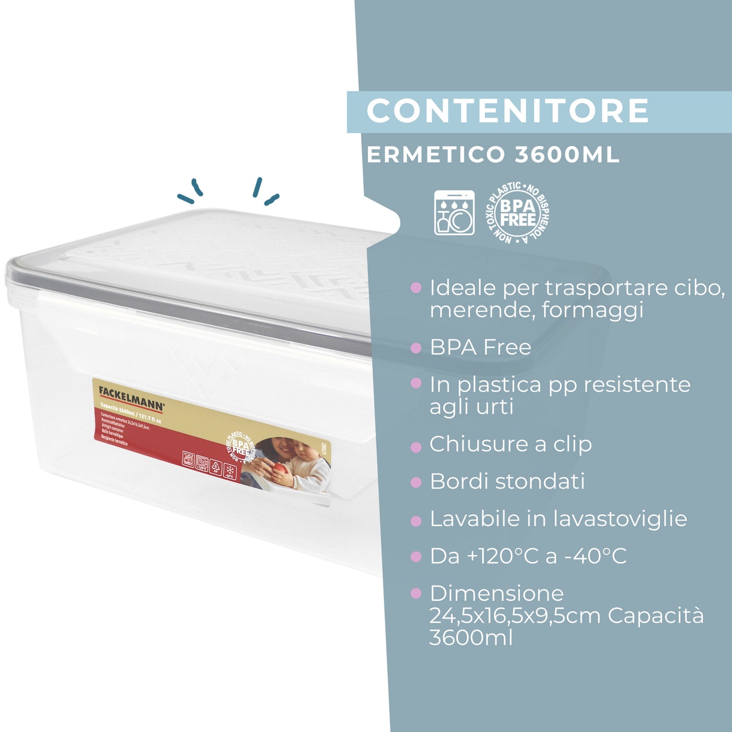 Contenitore ermetico, rettangolare, 3600ml, 24,5x16,5x9,5 cm
