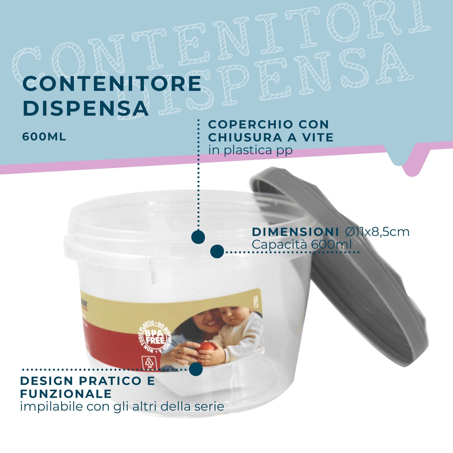 Contenitore con coperchio, tondo, 600ml, Ø11x8,5 cm