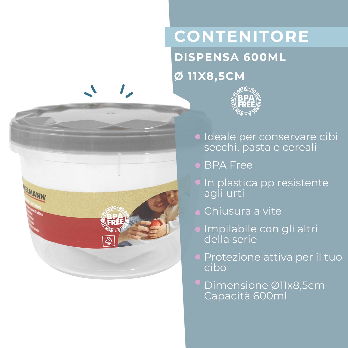 Contenitore con coperchio, tondo, 600ml, Ø11x8,5 cm