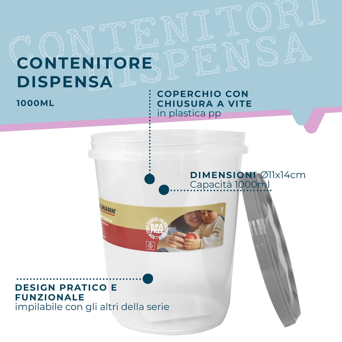 Contenitore con coperchio, tondo, 1000ml,  Ø11x14 cm