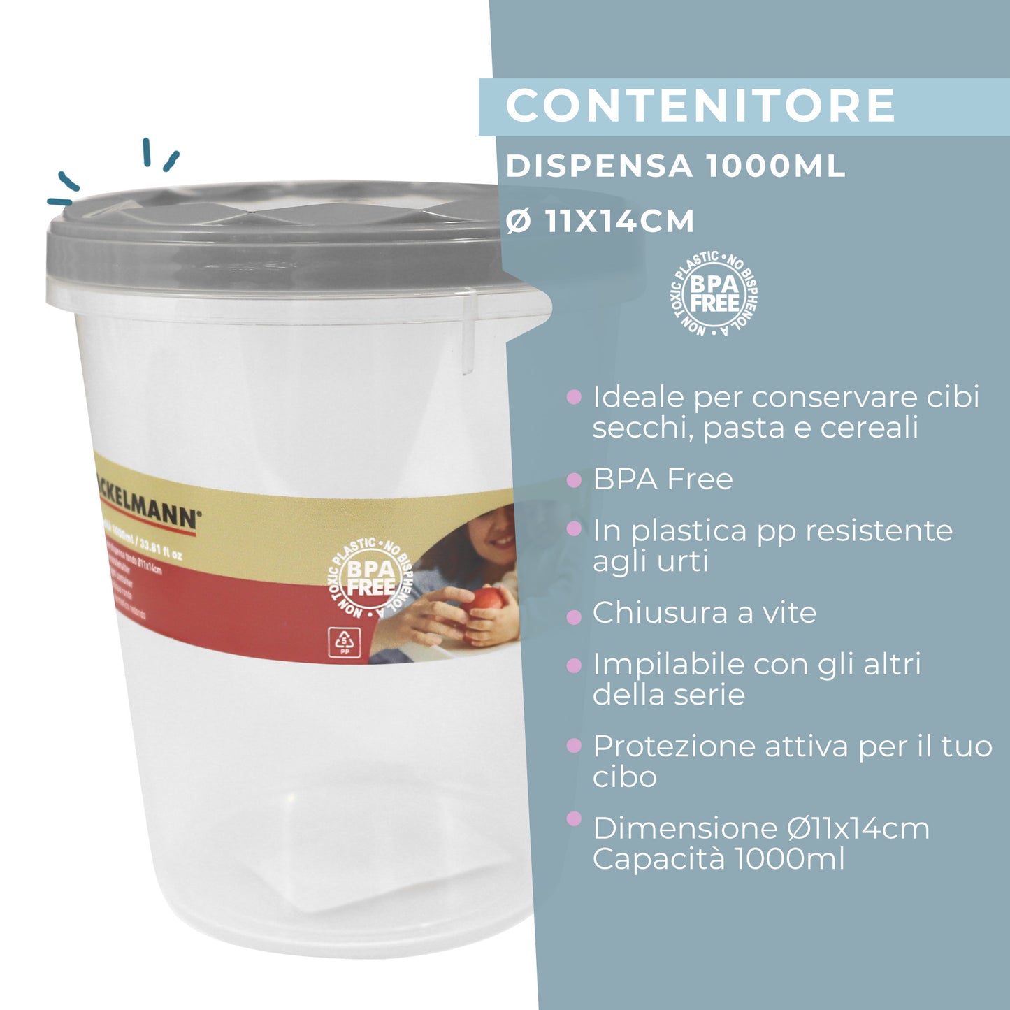 Contenitore con coperchio, tondo, 1000ml,  Ø11x14 cm