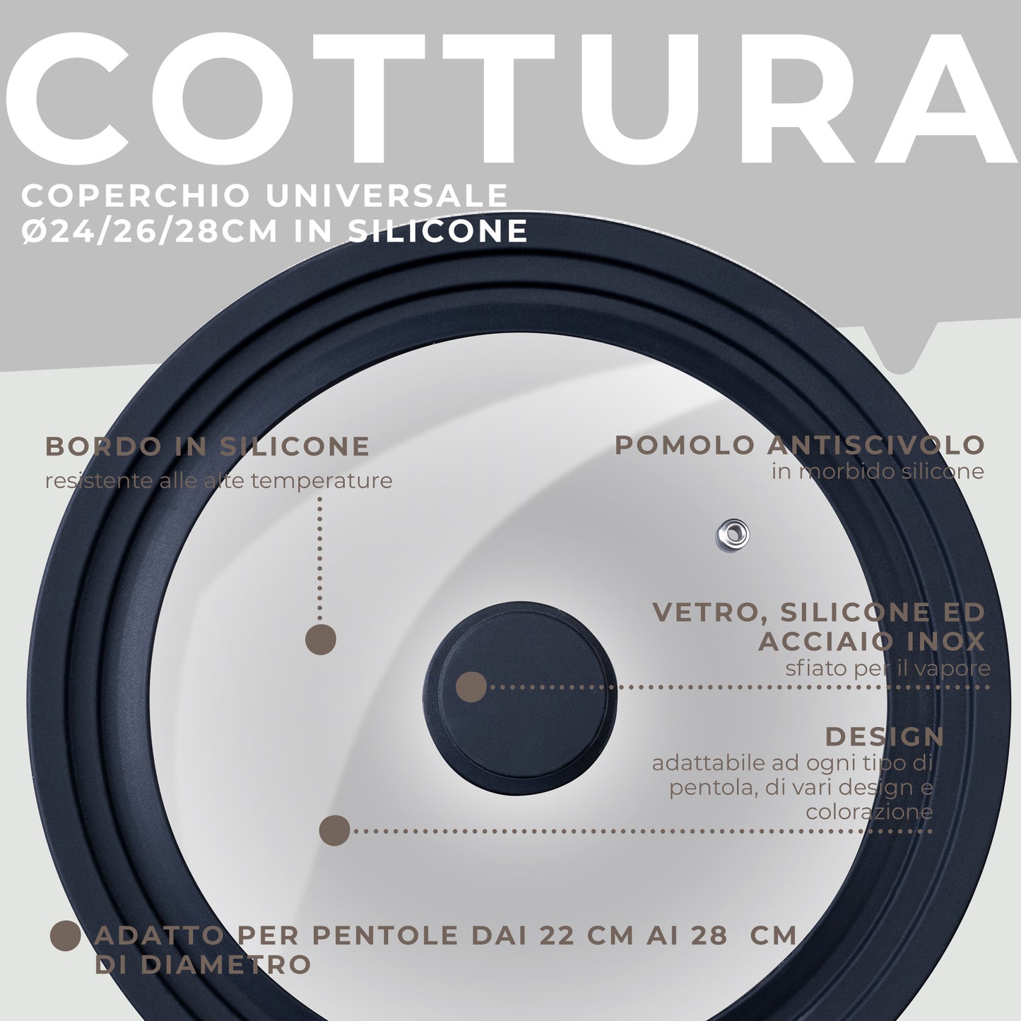 Coperchio universale, per  Ø24, Ø26 e Ø28 cm