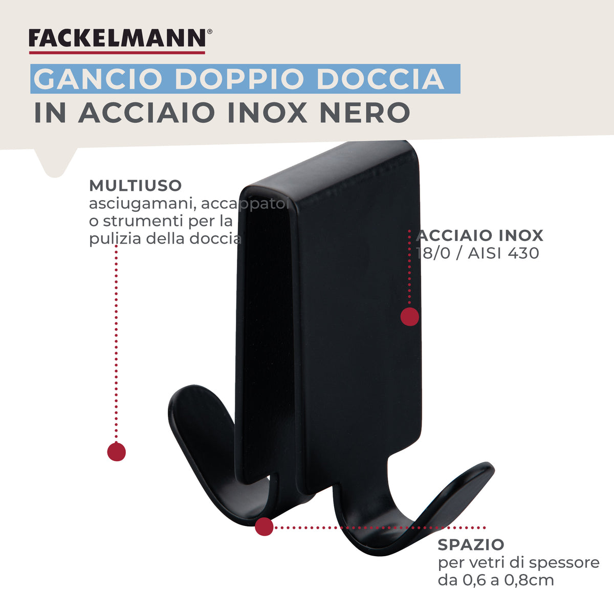 Gancio Doppio per Vetro in Acciaio Inox Nero – Appendino Bagno per Box Doccia