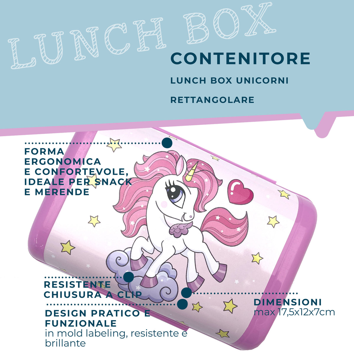 Lunch box porta merenda, rettangolare, design unicorni