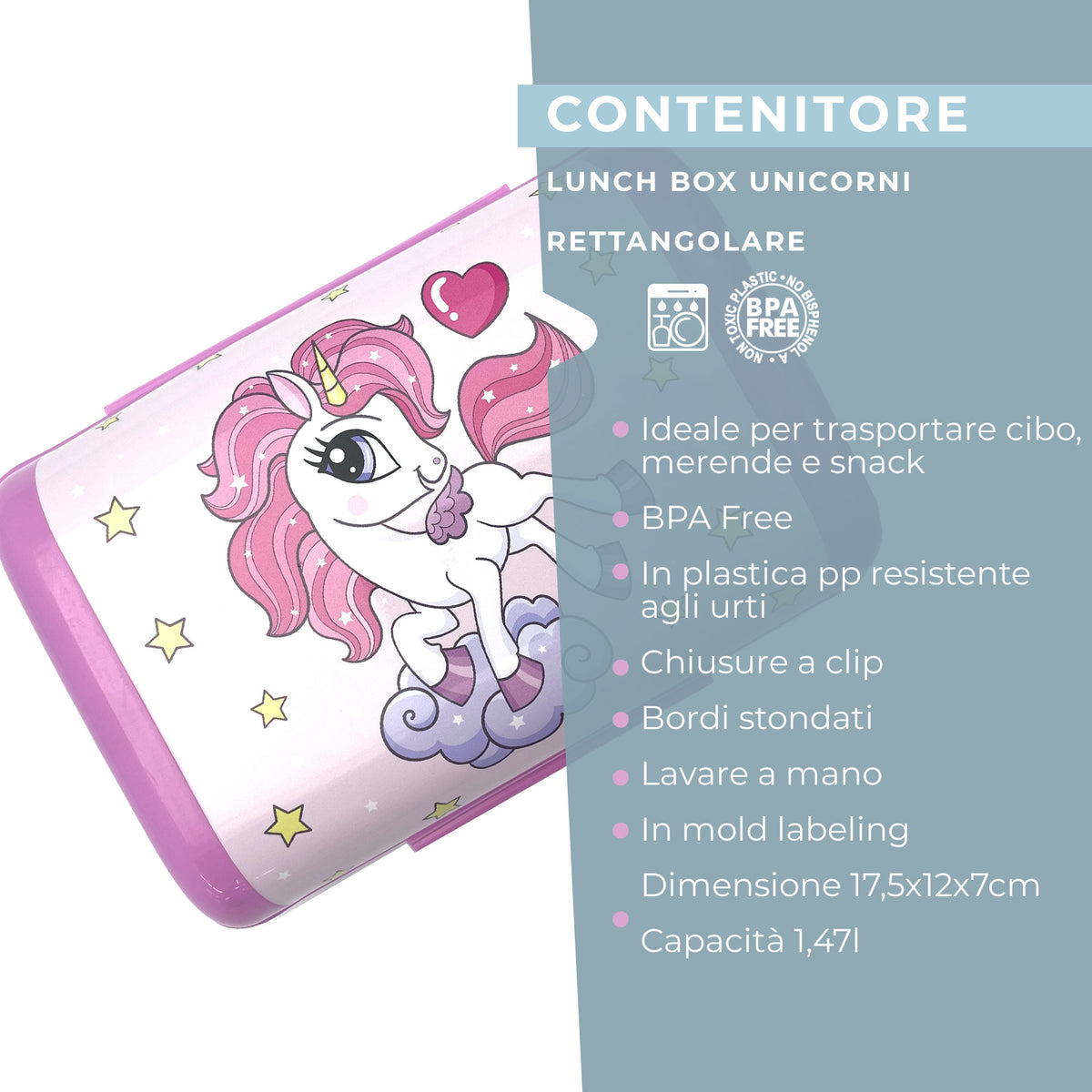 Lunch box porta merenda, rettangolare, design unicorni