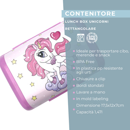 Lunch box porta merenda, rettangolare, design unicorni