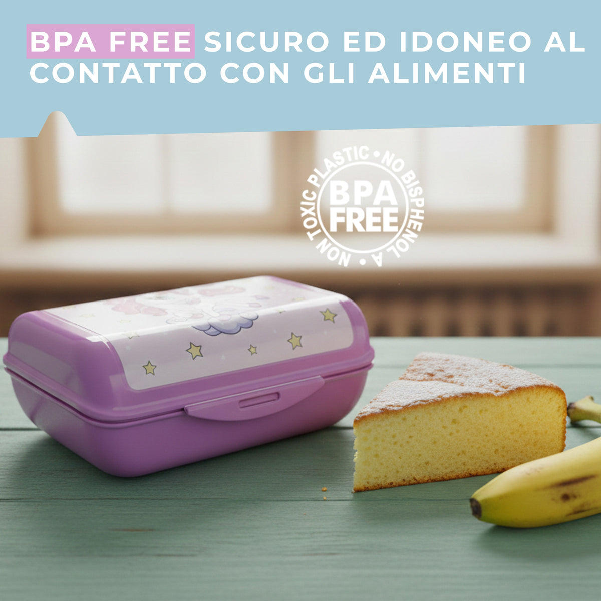 Lunch box porta merenda, rettangolare, design unicorni