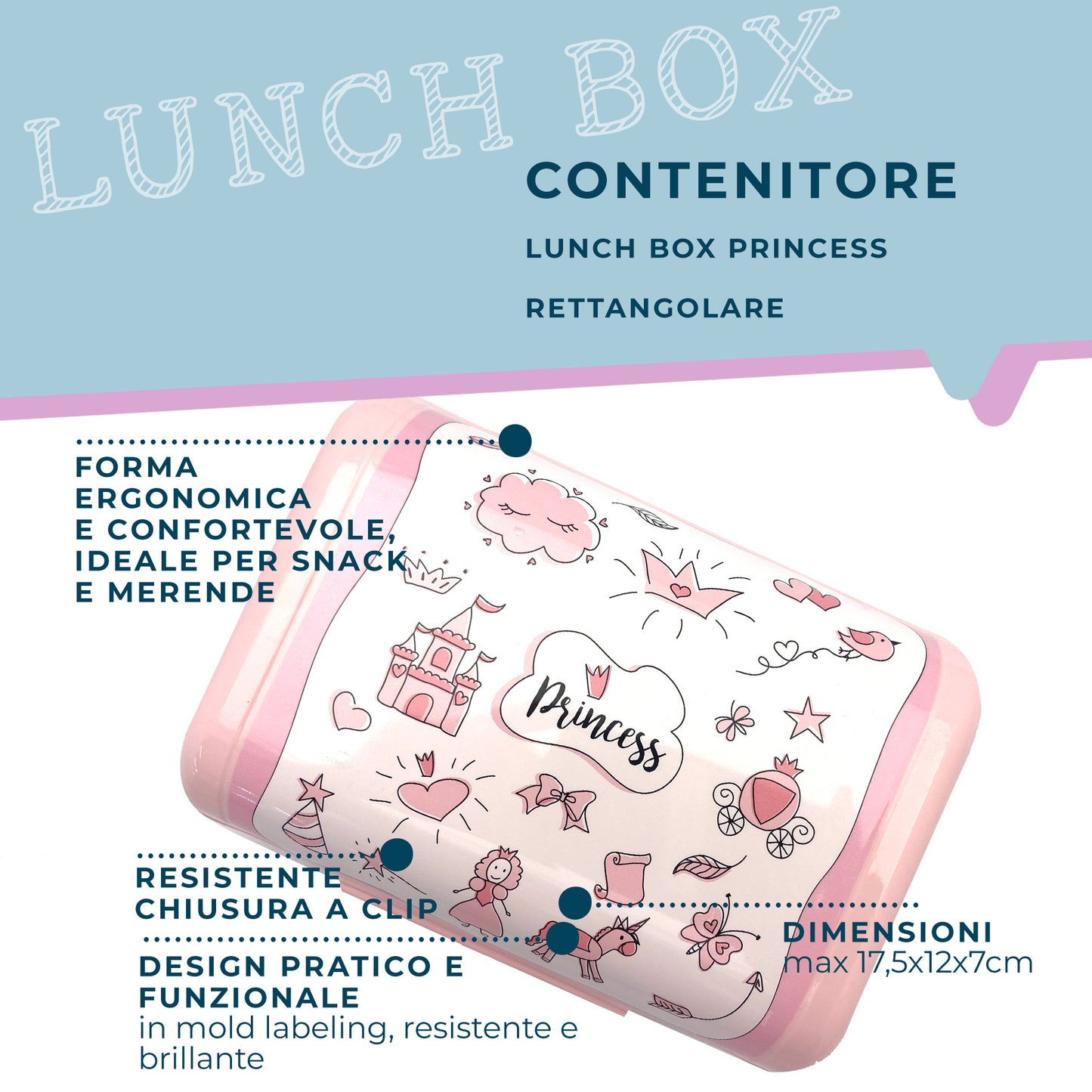 Lunch box porta merenda, rettangolare, design principesse, 1.47l