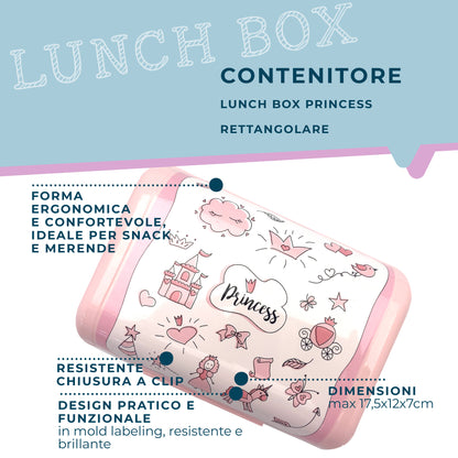 Lunch box porta merenda, rettangolare, design principesse, 1.47l