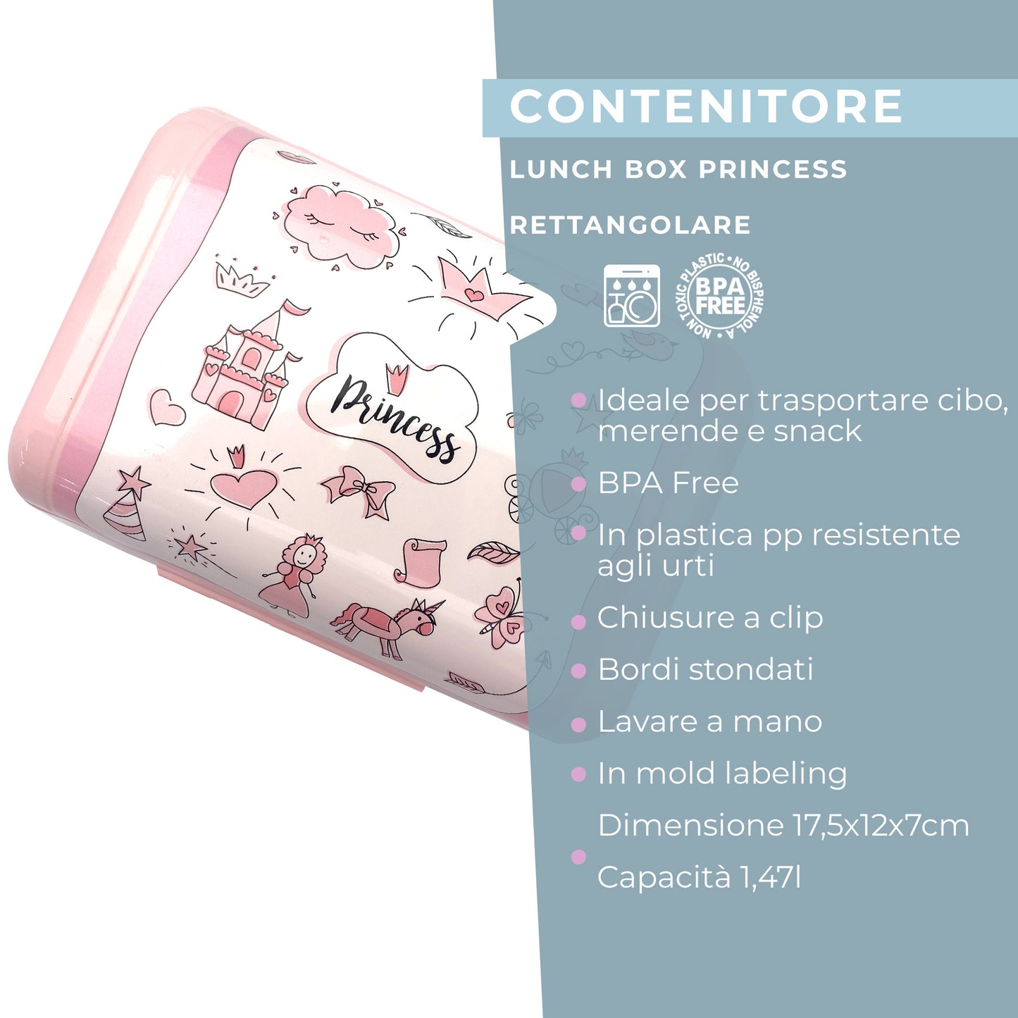 Lunch box porta merenda, rettangolare, design principesse, 1.47l
