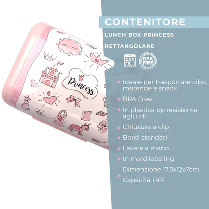 Lunch box porta merenda, rettangolare, design principesse, 1.47l