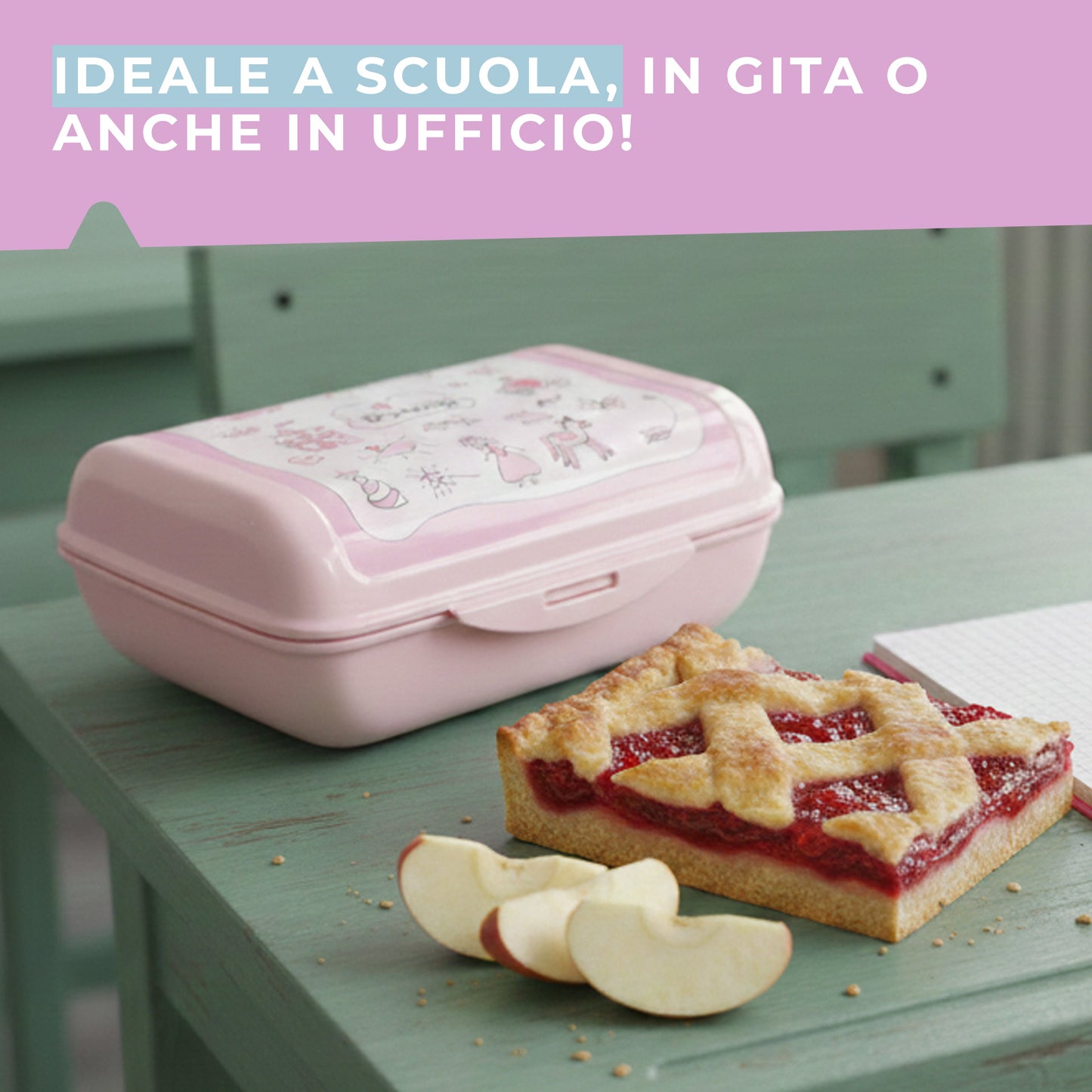 Lunch box porta merenda, rettangolare, design principesse, 1.47l
