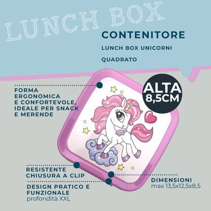 Lunch box porta merenda, quadrato, design unicorni