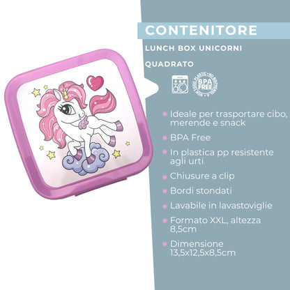 Lunch box porta merenda, quadrato, design unicorni