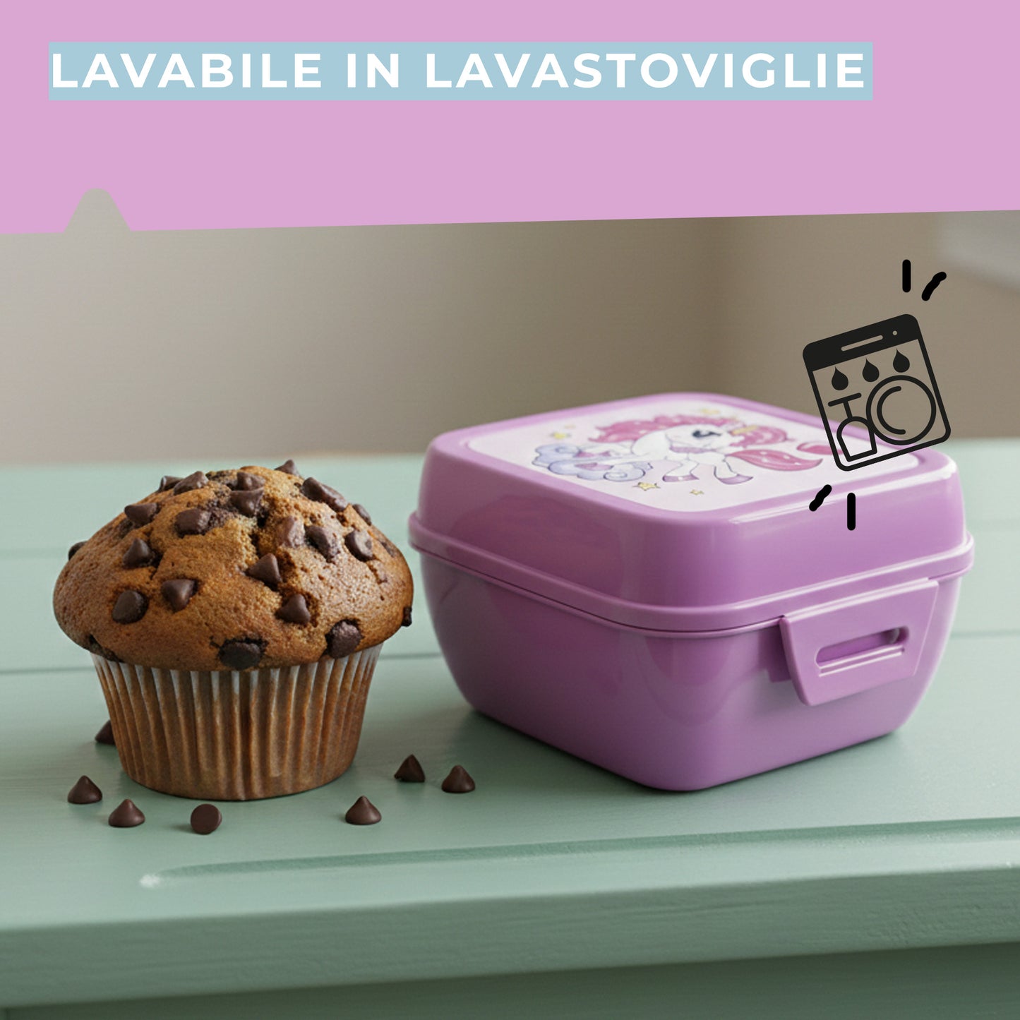 Lunch box porta merenda, quadrato, design unicorni