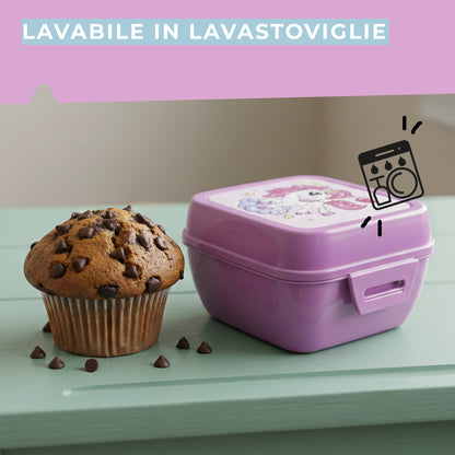 Lunch box porta merenda, quadrato, design unicorni