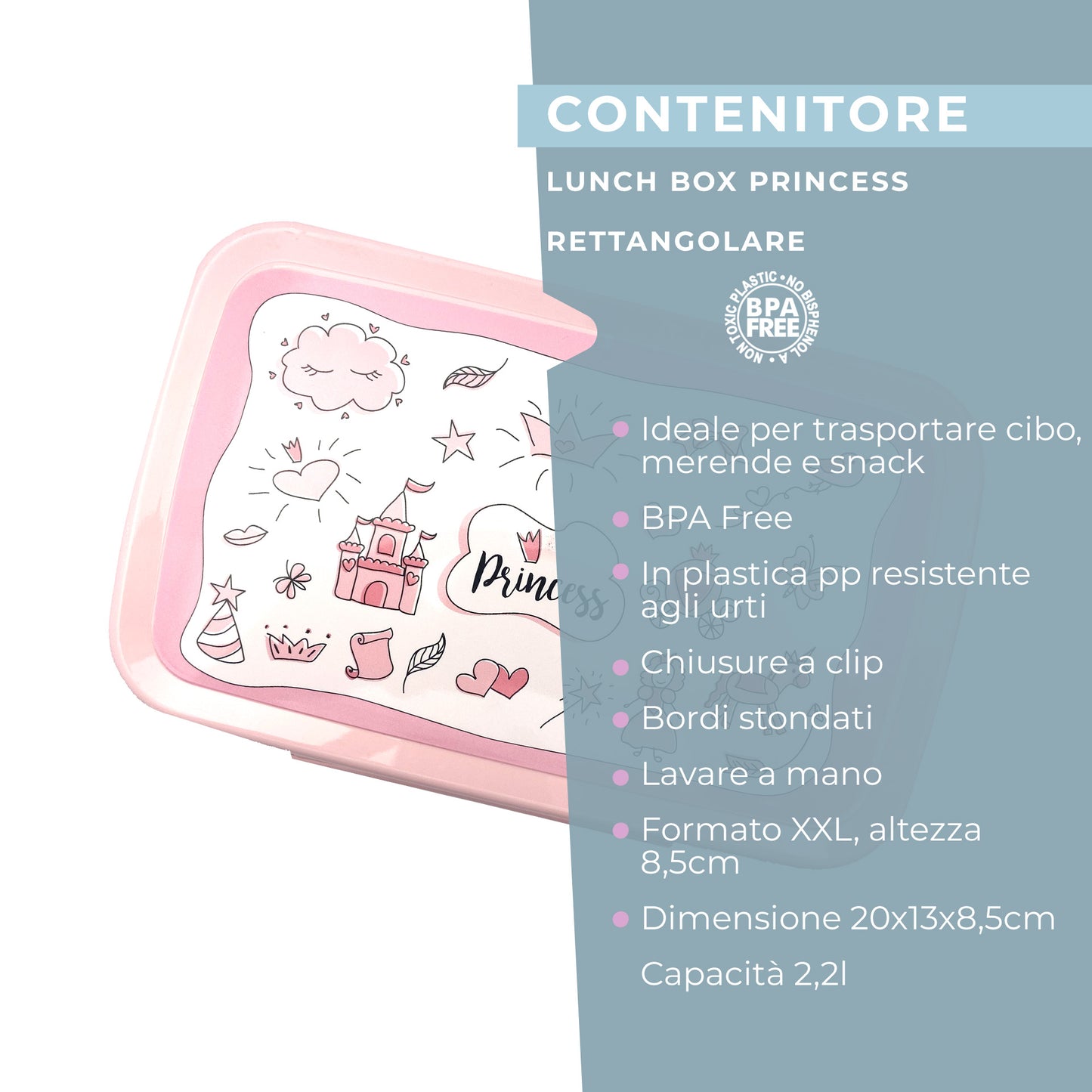 Lunch box porta merenda, rettangolare, design principesse