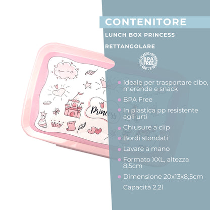 Lunch box porta merenda, rettangolare, design principesse