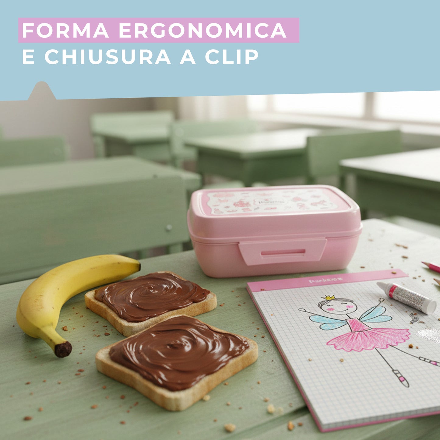 Lunch box porta merenda, rettangolare, design principesse