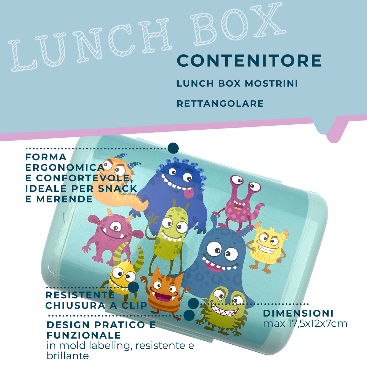 Lunch box porta merenda, rettangolare, design mostrini