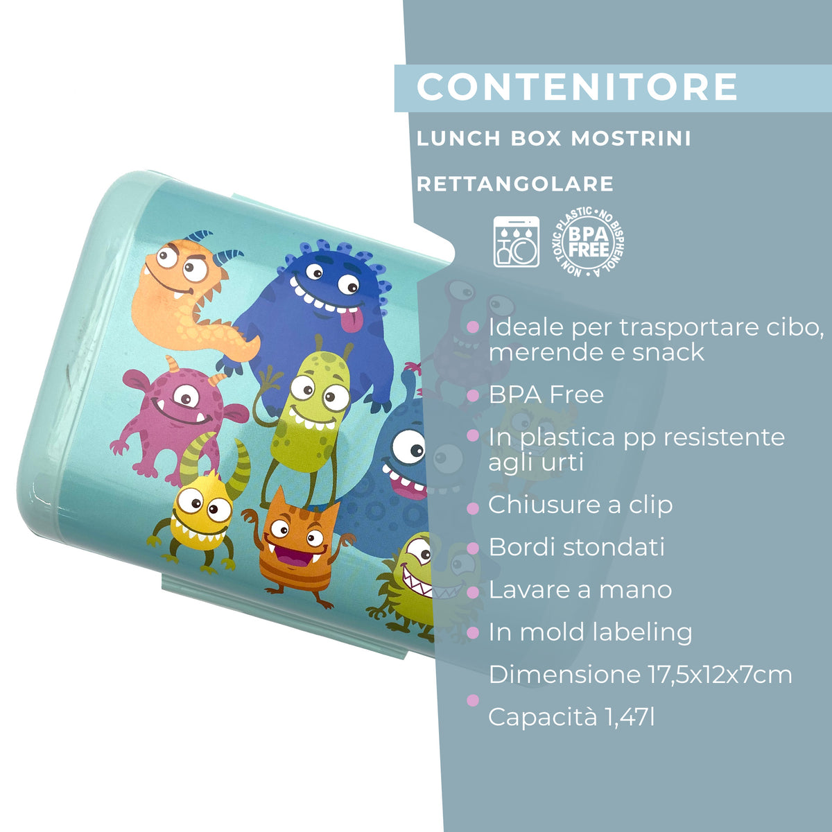 Lunch box porta merenda, rettangolare, design mostrini