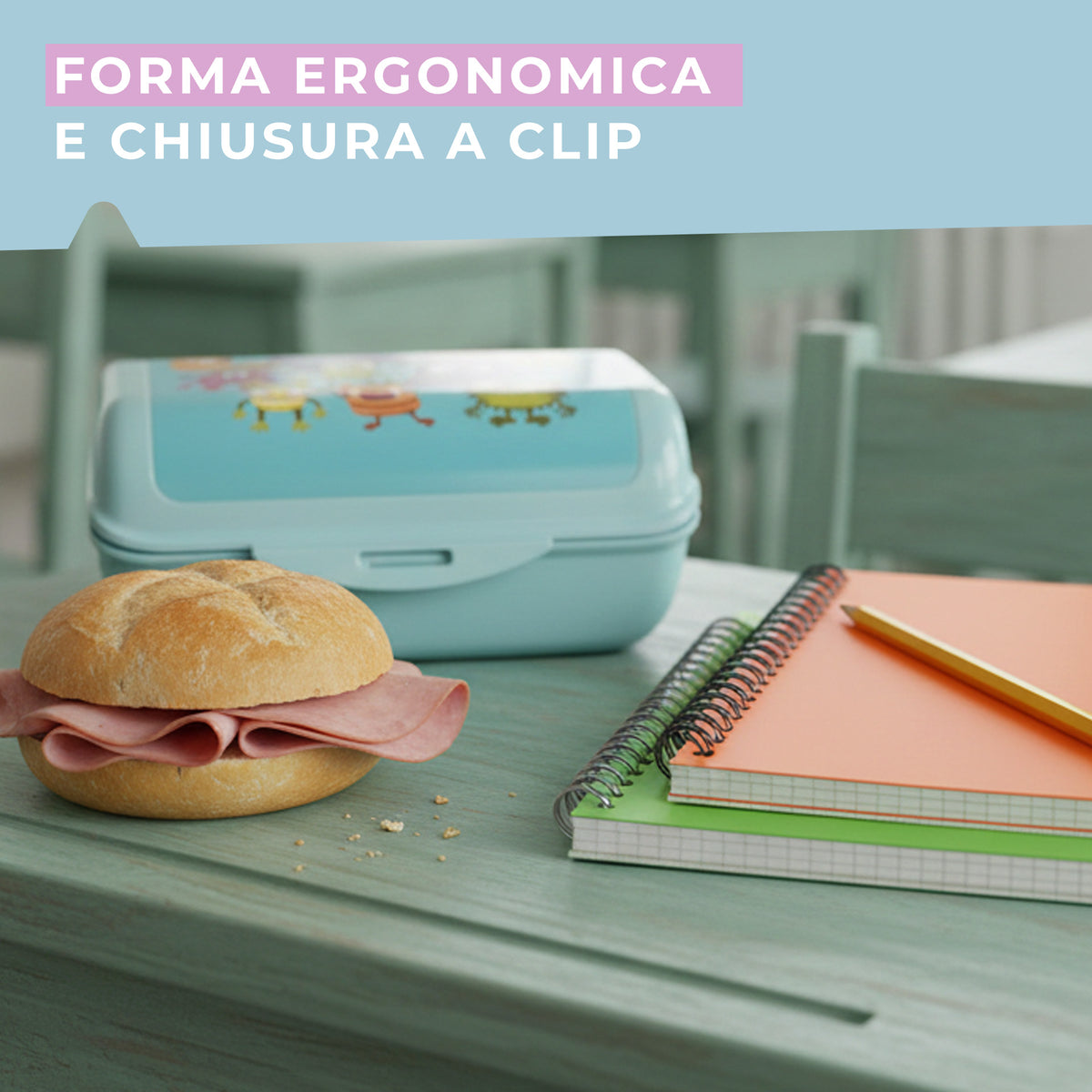 Lunch box porta merenda, rettangolare, design mostrini