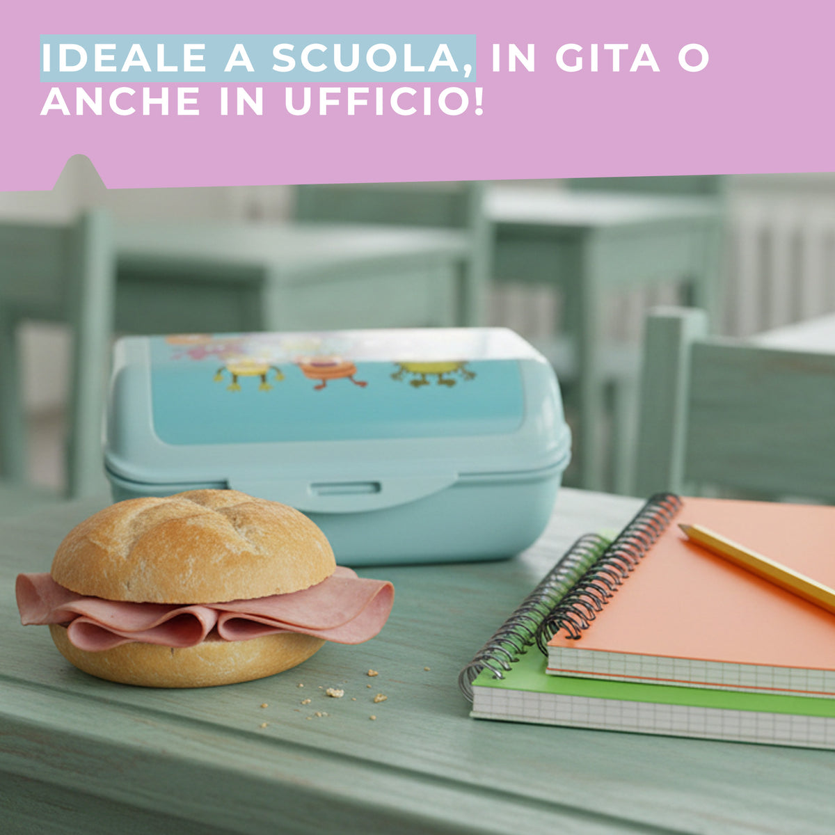 Lunch box porta merenda, rettangolare, design mostrini