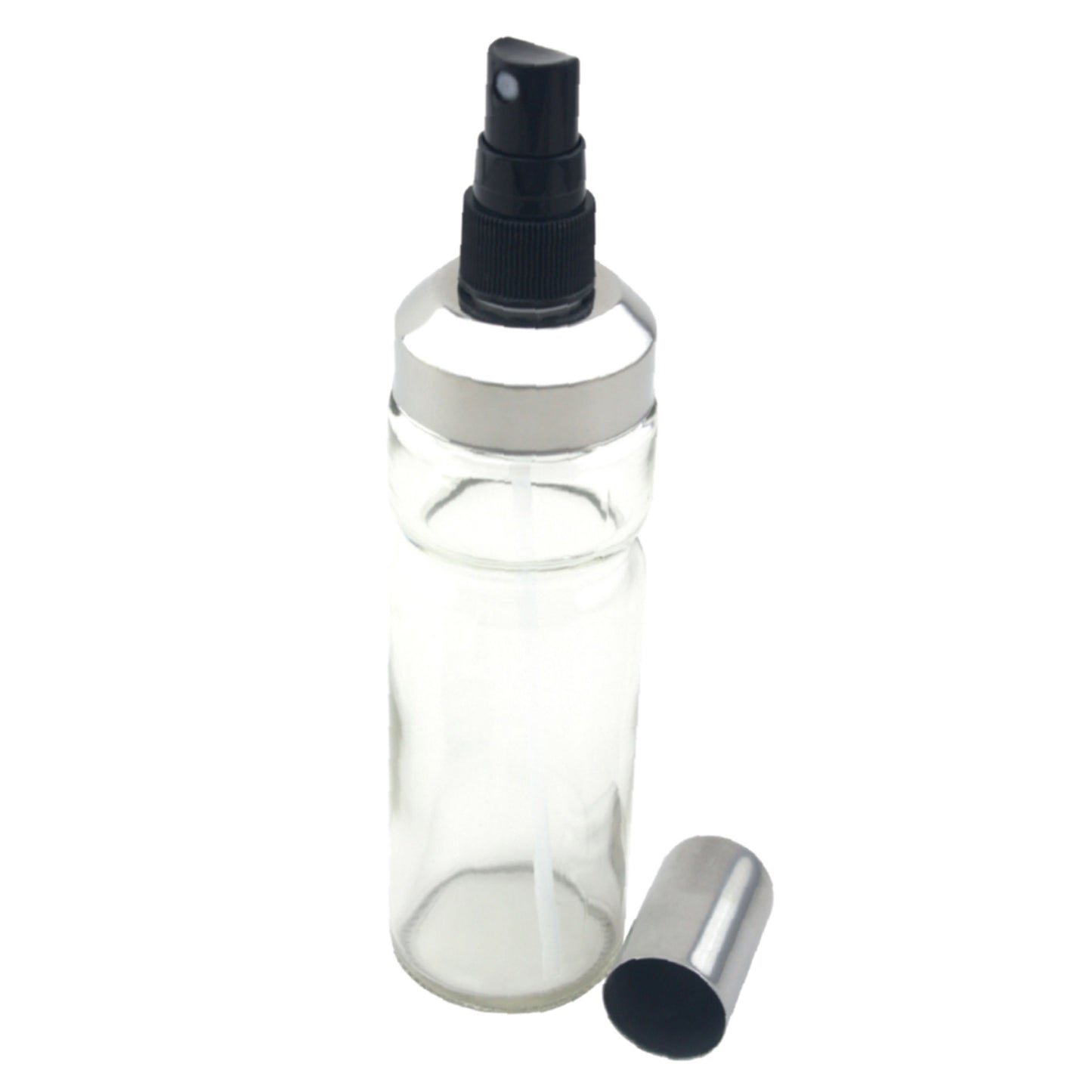 Oliera spray in vetro trasparente, meccanismo in plastica e coperchio in acciaio