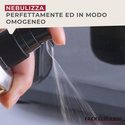 Oliera spray in vetro trasparente, meccanismo in plastica e coperchio in acciaio