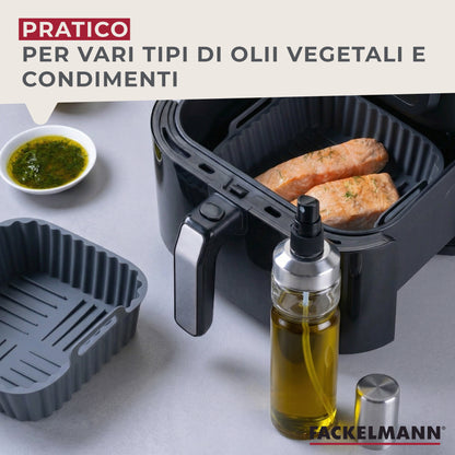 Oliera spray in vetro trasparente, meccanismo in plastica e coperchio in acciaio