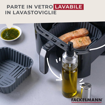 Oliera spray in vetro trasparente, meccanismo in plastica e coperchio in acciaio