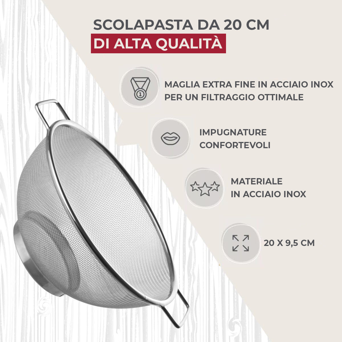 Colapasta in rete acciaio inox, diametro 20cm