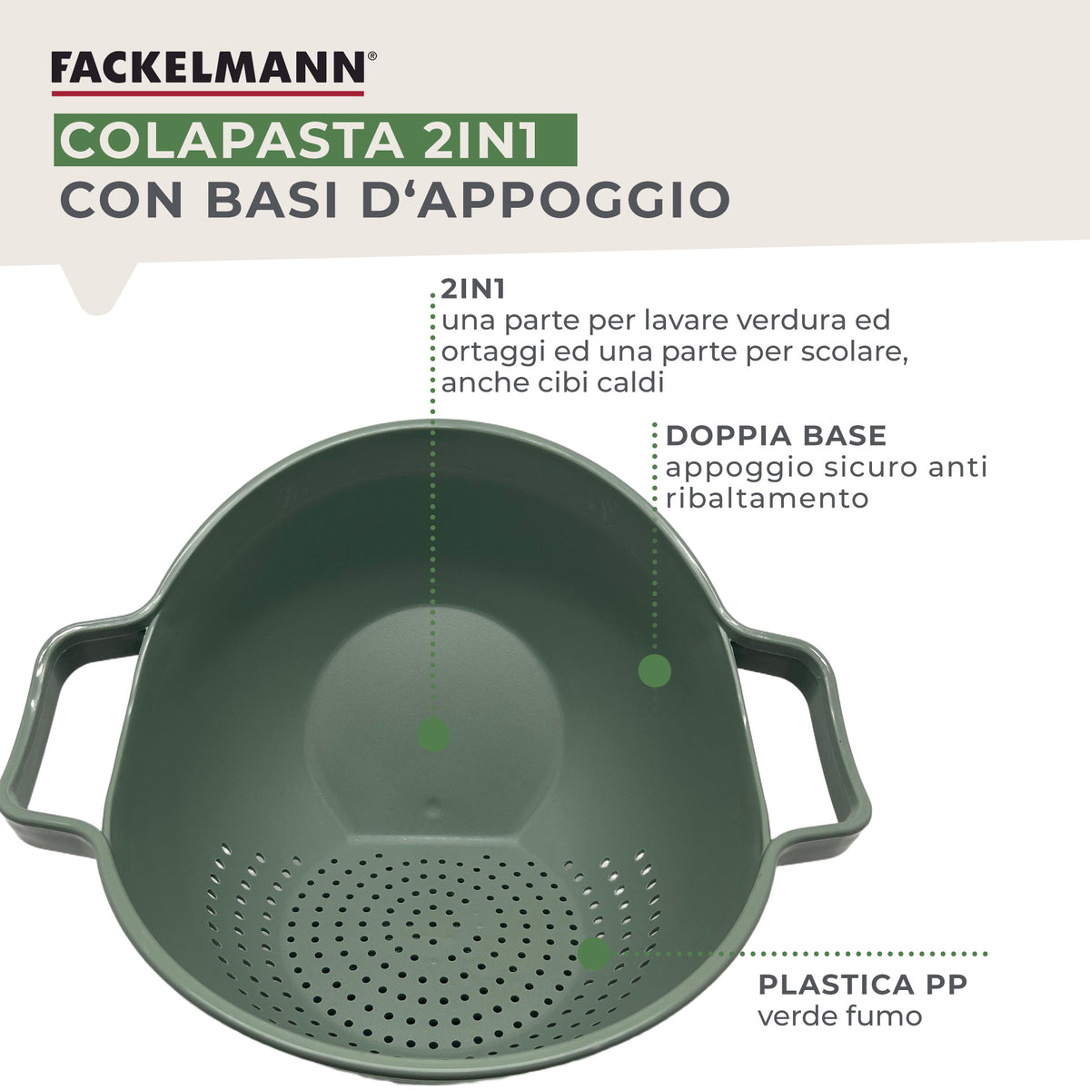 Colapasta 2 in 1 Ø22,5 cm in Plastica PP – Scolapasta da Appoggio Antiurto