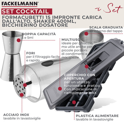 Set per Cocktail, miscelatore shaker, misurino dosatore e forma ghiaccio