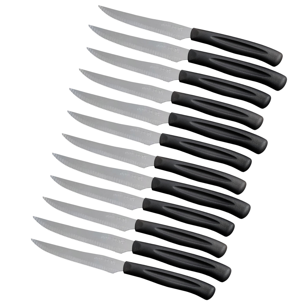 Set 12 Coltelli Lama Seghettata a punta,  21 cm, Acciaio Inox, Manico Nero