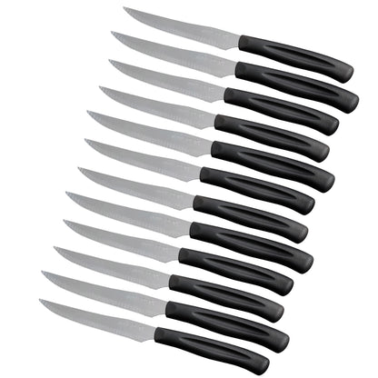 Set 12 Coltelli Lama Seghettata a punta,  21 cm, Acciaio Inox, Manico Nero